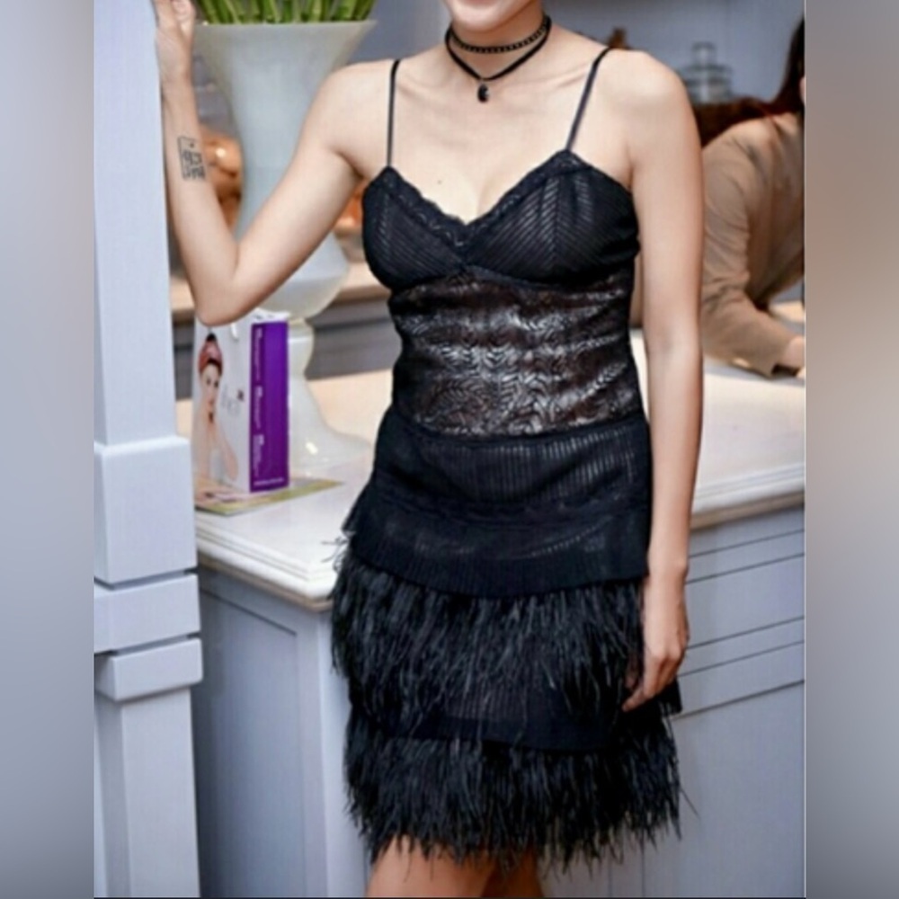 NWOT BCBG MaxAzria Black Lace and Feather Tiered Evening Dress
